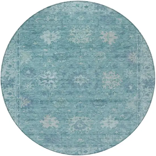 8' Teal Blue And Pale Aqua Round Floral Washable Indoor Outdoor Area Rug Photo 3