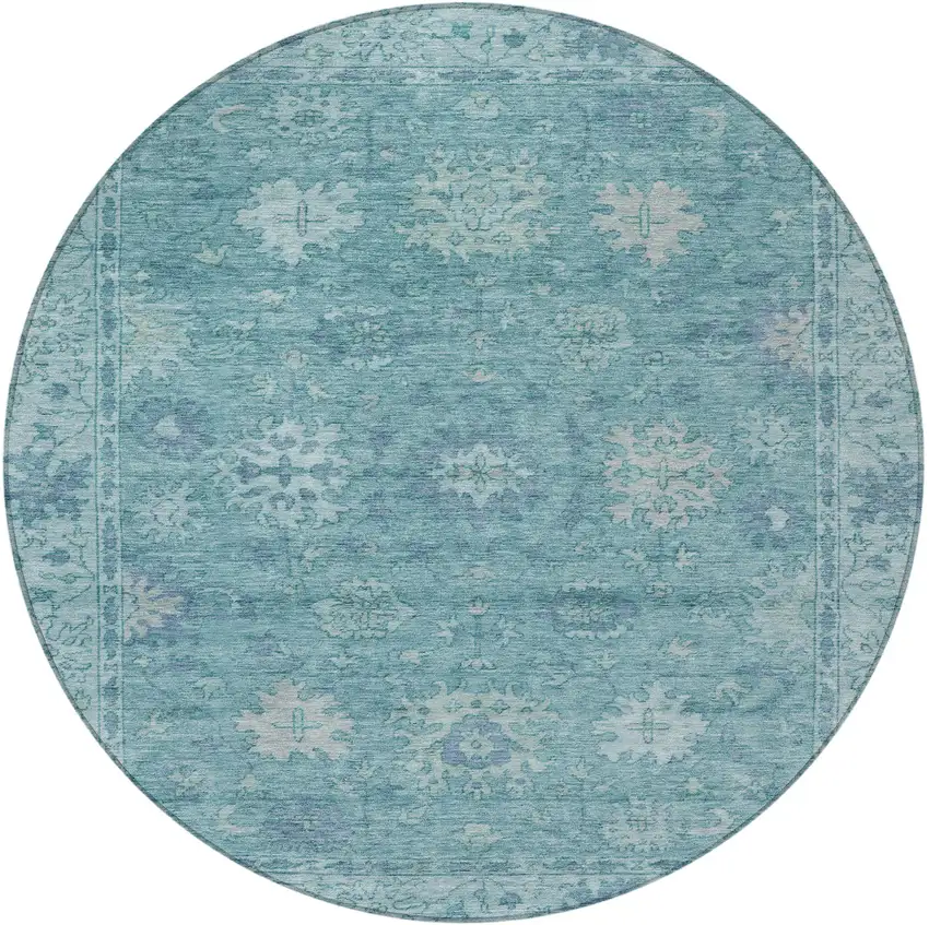 8' Teal Blue And Pale Aqua Round Floral Washable Indoor Outdoor Area Rug Photo 3