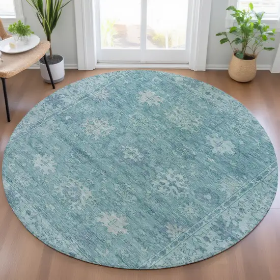 8' Teal Blue And Pale Aqua Round Floral Washable Indoor Outdoor Area Rug Photo 5