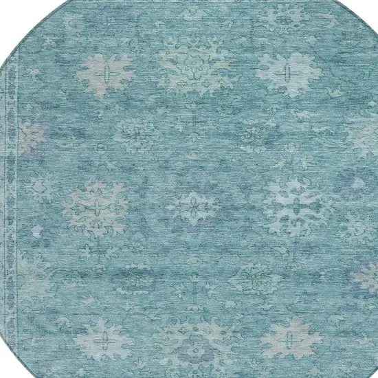 8' Teal Blue And Pale Aqua Round Floral Washable Indoor Outdoor Area Rug Photo 4