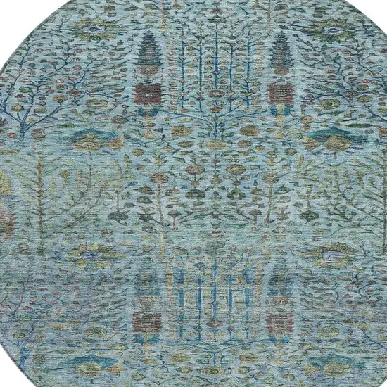 8' Teal Blue And Pale Aqua Round Floral Washable Indoor Outdoor Area Rug Photo 4