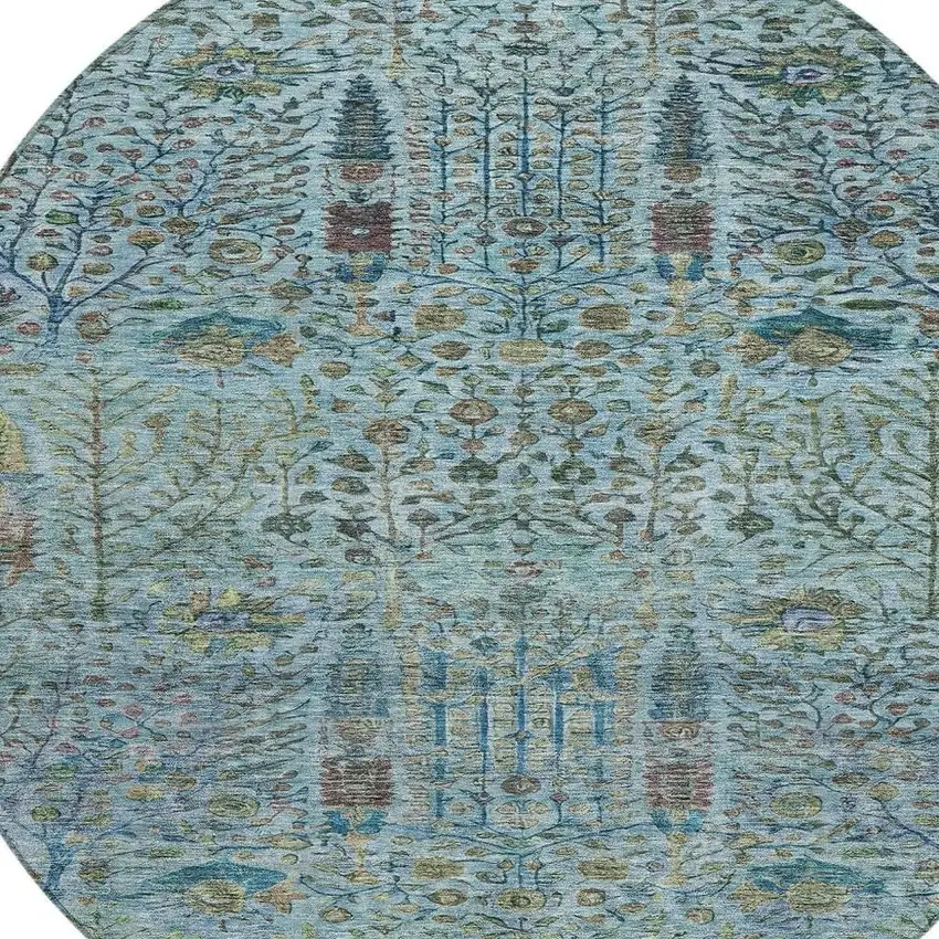 8' Teal Blue And Pale Aqua Round Floral Washable Indoor Outdoor Area Rug Photo 4