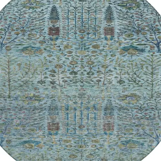 8' Teal Blue And Pale Aqua Round Floral Washable Indoor Outdoor Area Rug Photo 9