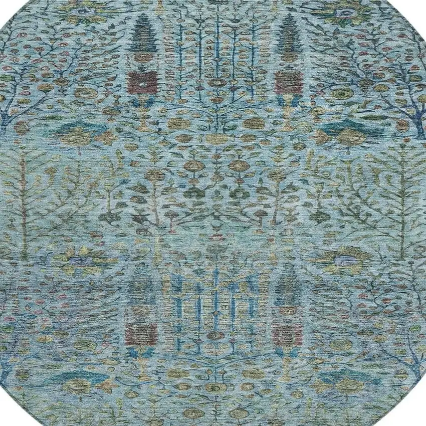 8' Teal Blue And Pale Aqua Round Floral Washable Indoor Outdoor Area Rug Photo 9