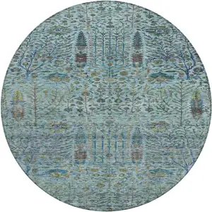 Photo of 8' Teal Blue And Pale Aqua Round Floral Washable Indoor Outdoor Area Rug