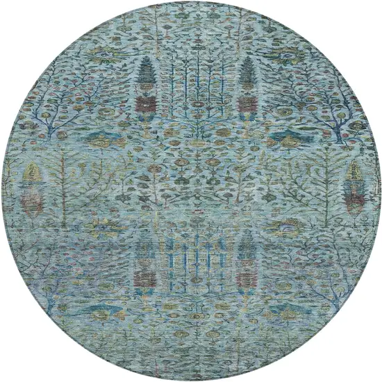 8' Teal Blue And Pale Aqua Round Floral Washable Indoor Outdoor Area Rug Photo 1