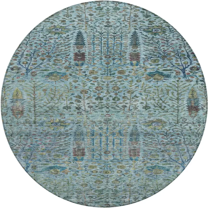 8' Teal Blue And Pale Aqua Round Floral Washable Indoor Outdoor Area Rug Photo 1