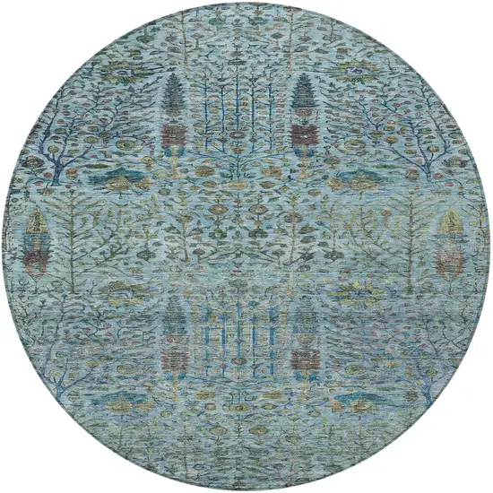 8' Teal Blue And Pale Aqua Round Floral Washable Indoor Outdoor Area Rug Photo 3
