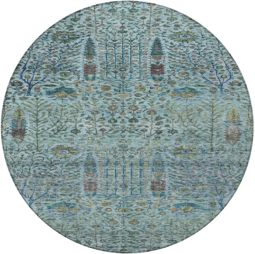 8' Teal Blue And Pale Aqua Round Floral Washable Indoor Outdoor Area Rug Photo 3