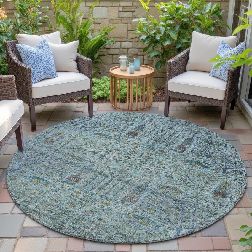 8' Teal Blue And Pale Aqua Round Floral Washable Indoor Outdoor Area Rug Photo 5