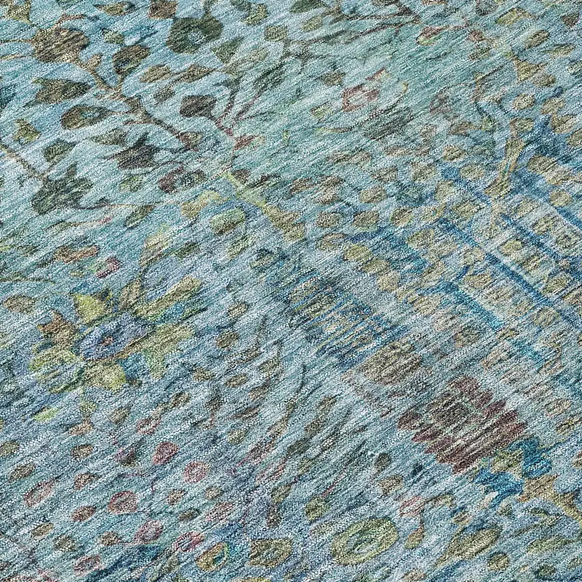 8' Teal Blue And Pale Aqua Round Floral Washable Indoor Outdoor Area Rug Photo 8