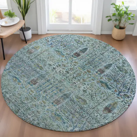 8' Teal Blue And Pale Aqua Round Floral Washable Indoor Outdoor Area Rug Photo 6