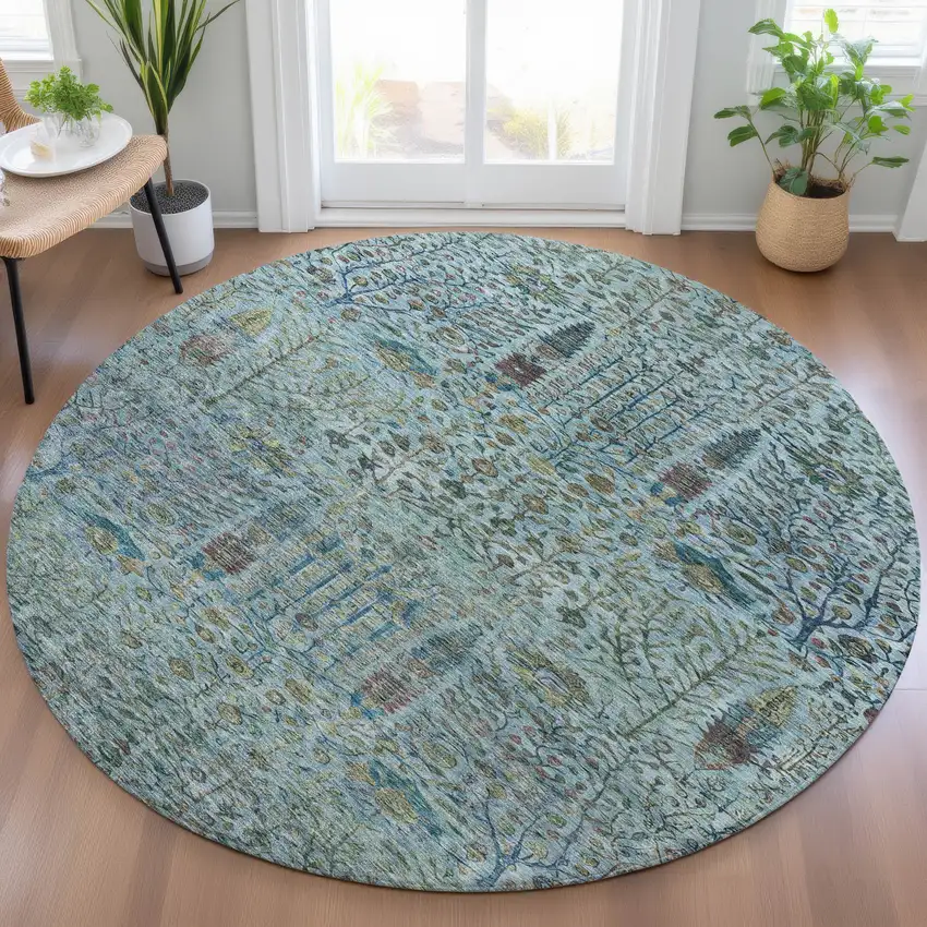 8' Teal Blue And Pale Aqua Round Floral Washable Indoor Outdoor Area Rug Photo 6