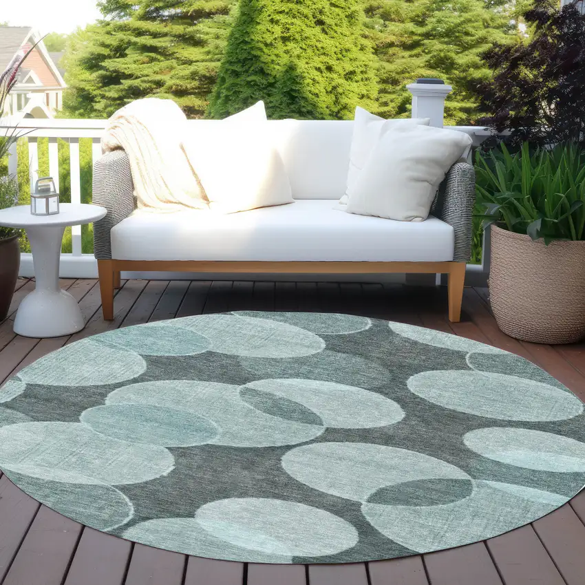 8' Teal Blue And Pale Aqua Round Geometric Washable Indoor Outdoor Area Rug Photo 5