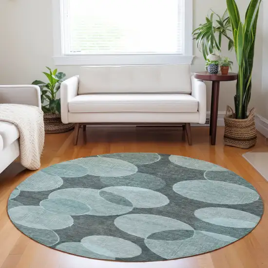8' Teal Blue And Pale Aqua Round Geometric Washable Indoor Outdoor Area Rug Photo 6