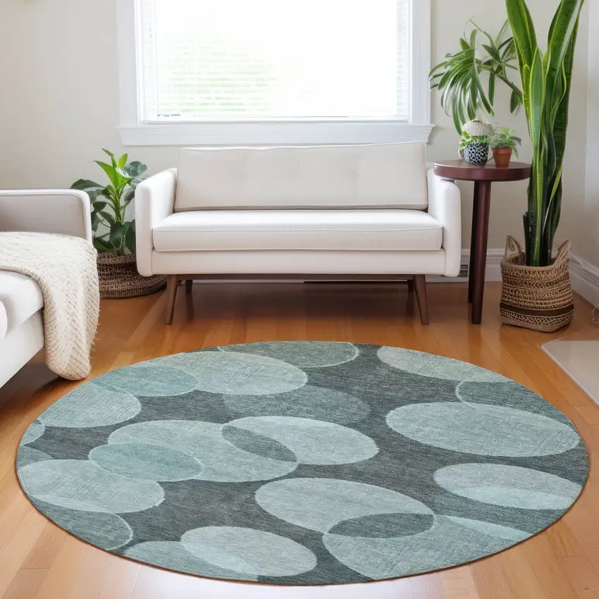 8' Teal Blue And Pale Aqua Round Geometric Washable Indoor Outdoor Area Rug Photo 6