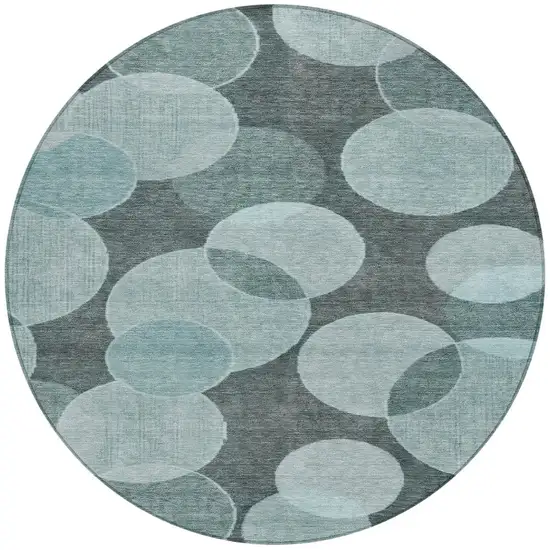 8' Teal Blue And Pale Aqua Round Geometric Washable Indoor Outdoor Area Rug Photo 3