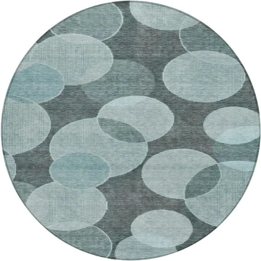 8' Teal Blue And Pale Aqua Round Geometric Washable Indoor Outdoor Area Rug Photo 1