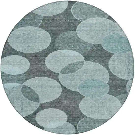 8' Teal Blue And Pale Aqua Round Geometric Washable Indoor Outdoor Area Rug Photo 4