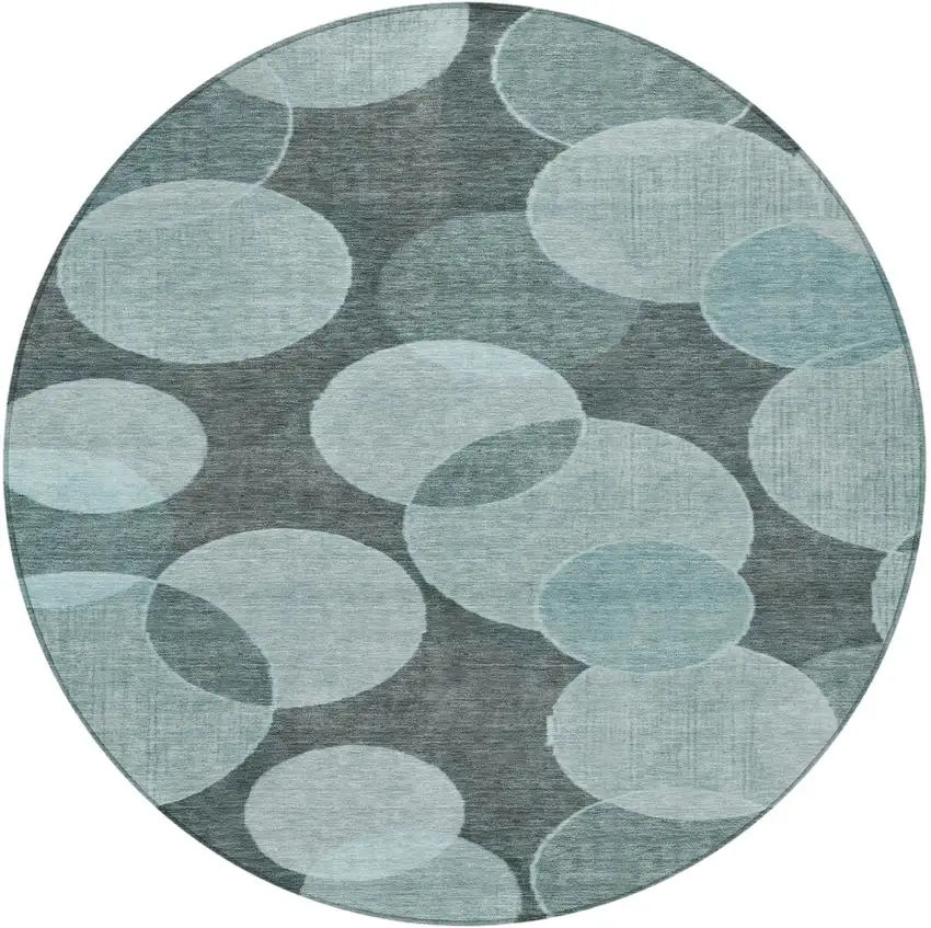 8' Teal Blue And Pale Aqua Round Geometric Washable Indoor Outdoor Area Rug Photo 4