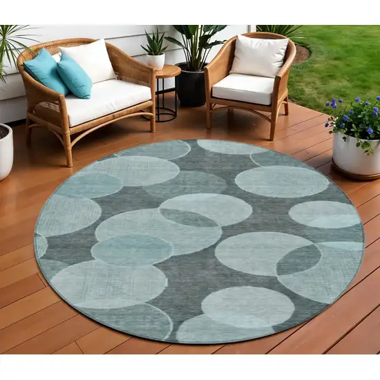 8' Teal Blue And Pale Aqua Round Geometric Washable Indoor Outdoor Area Rug Photo 2