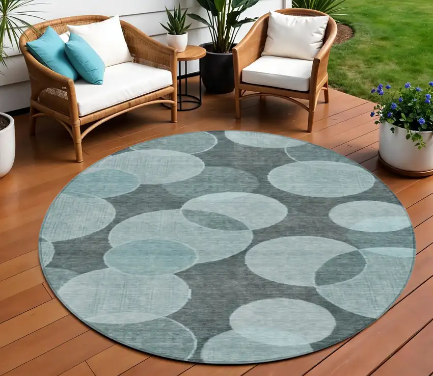 8' Teal Blue And Pale Aqua Round Geometric Washable Indoor Outdoor Area Rug Photo 2