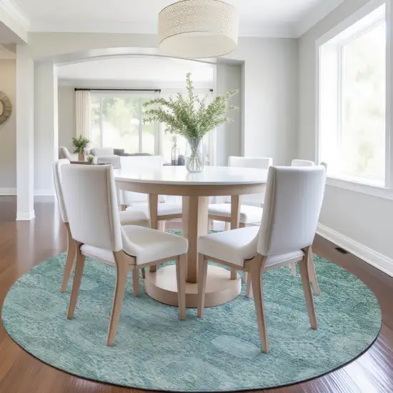 8' Teal Blue And Pale Aqua Round Medallion Washable Indoor Outdoor Area Rug Photo 6