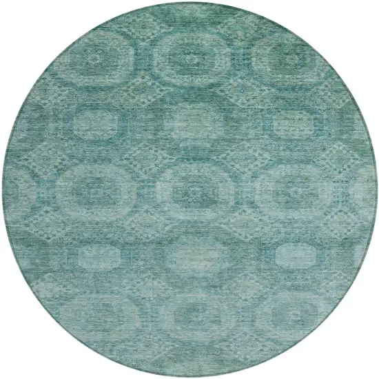 8' Teal Blue And Pale Aqua Round Medallion Washable Indoor Outdoor Area Rug Photo 1