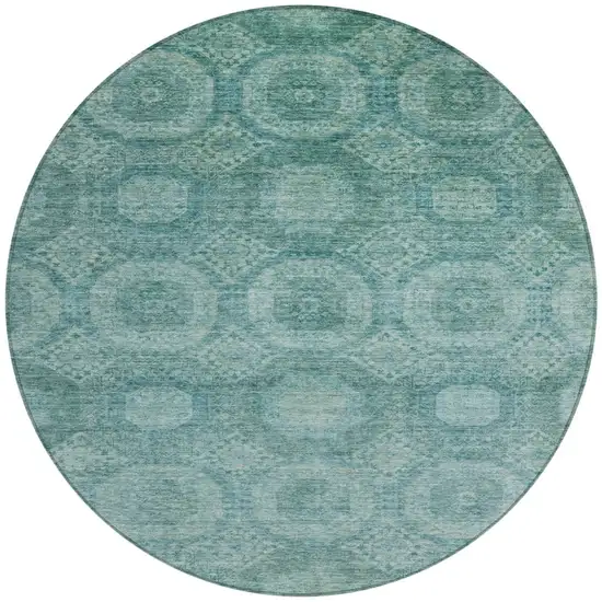 8' Teal Blue And Pale Aqua Round Medallion Washable Indoor Outdoor Area Rug Photo 3