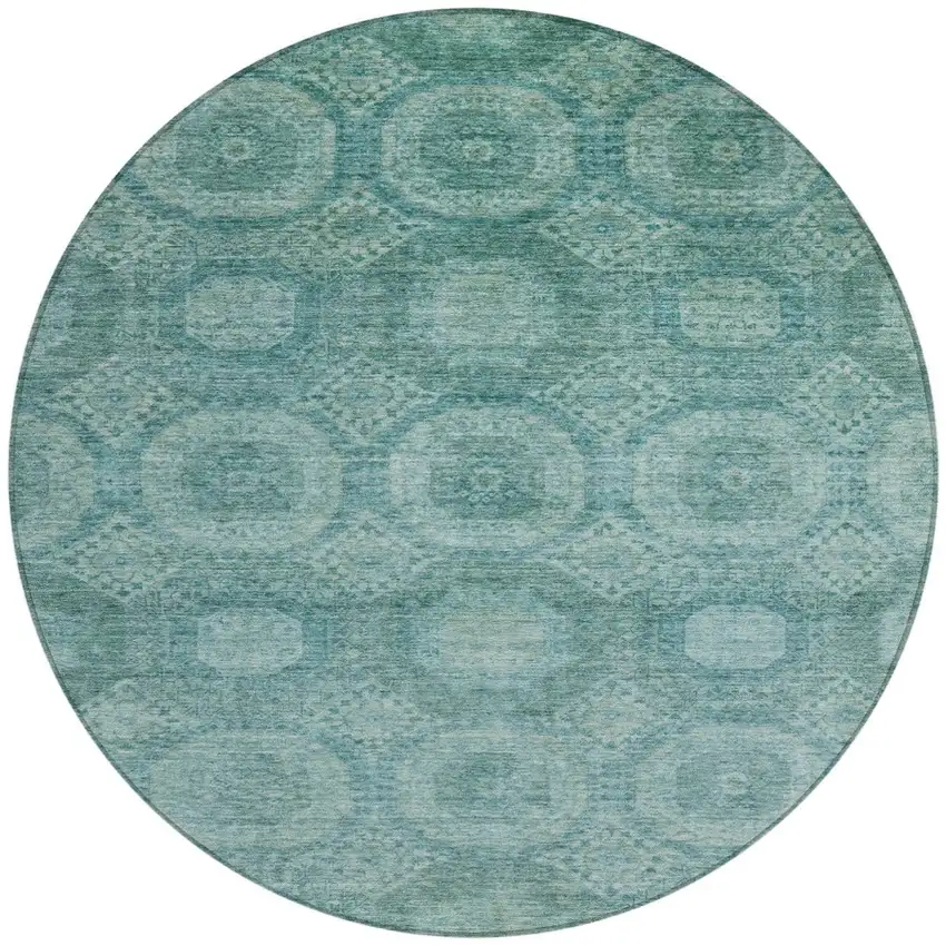 8' Teal Blue And Pale Aqua Round Medallion Washable Indoor Outdoor Area Rug Photo 3