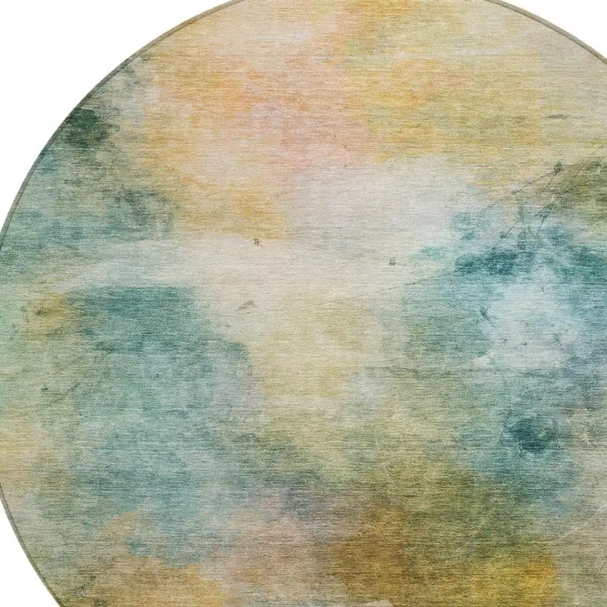 8' Teal Blue And Peach Round Abstract Washable Indoor Outdoor Area Rug Photo 2