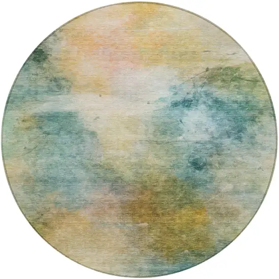 8' Teal Blue And Peach Round Abstract Washable Indoor Outdoor Area Rug Photo 3