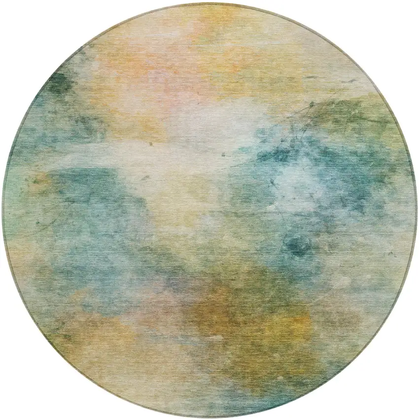 8' Teal Blue And Peach Round Abstract Washable Indoor Outdoor Area Rug Photo 3