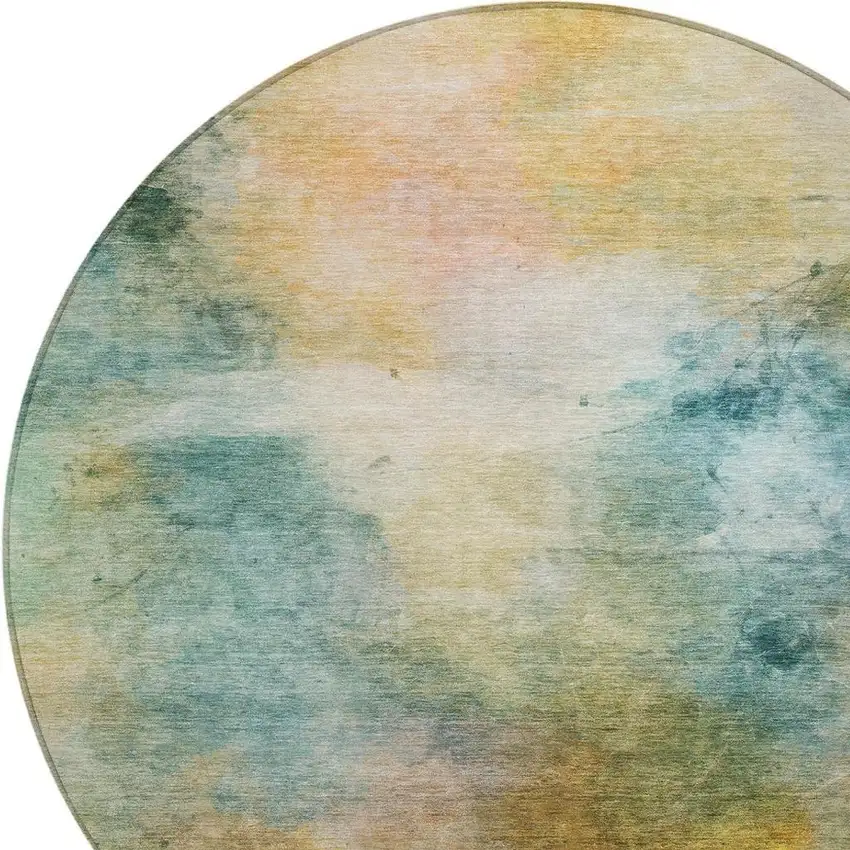 8' Teal Blue And Peach Round Abstract Washable Indoor Outdoor Area Rug Photo 8