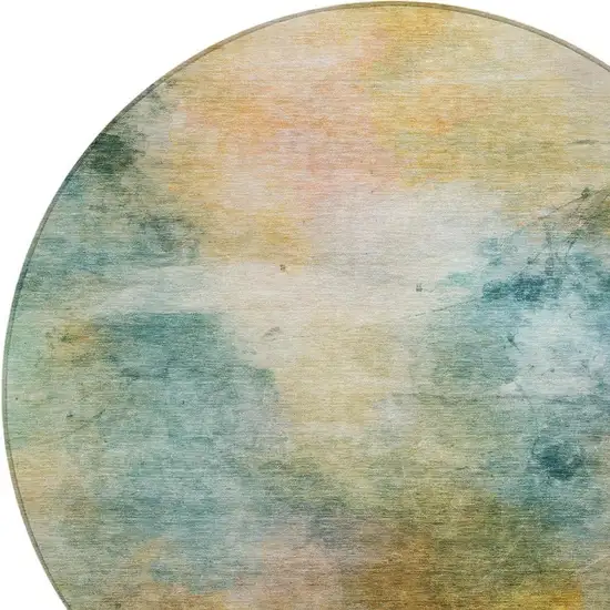 8' Teal Blue And Peach Round Abstract Washable Indoor Outdoor Area Rug Photo 8
