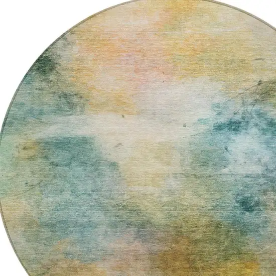 8' Teal Blue And Peach Round Abstract Washable Indoor Outdoor Area Rug Photo 6