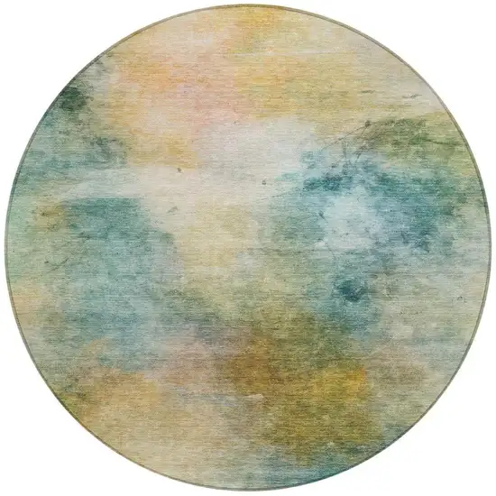 8' Teal Blue And Peach Round Abstract Washable Indoor Outdoor Area Rug Photo 1