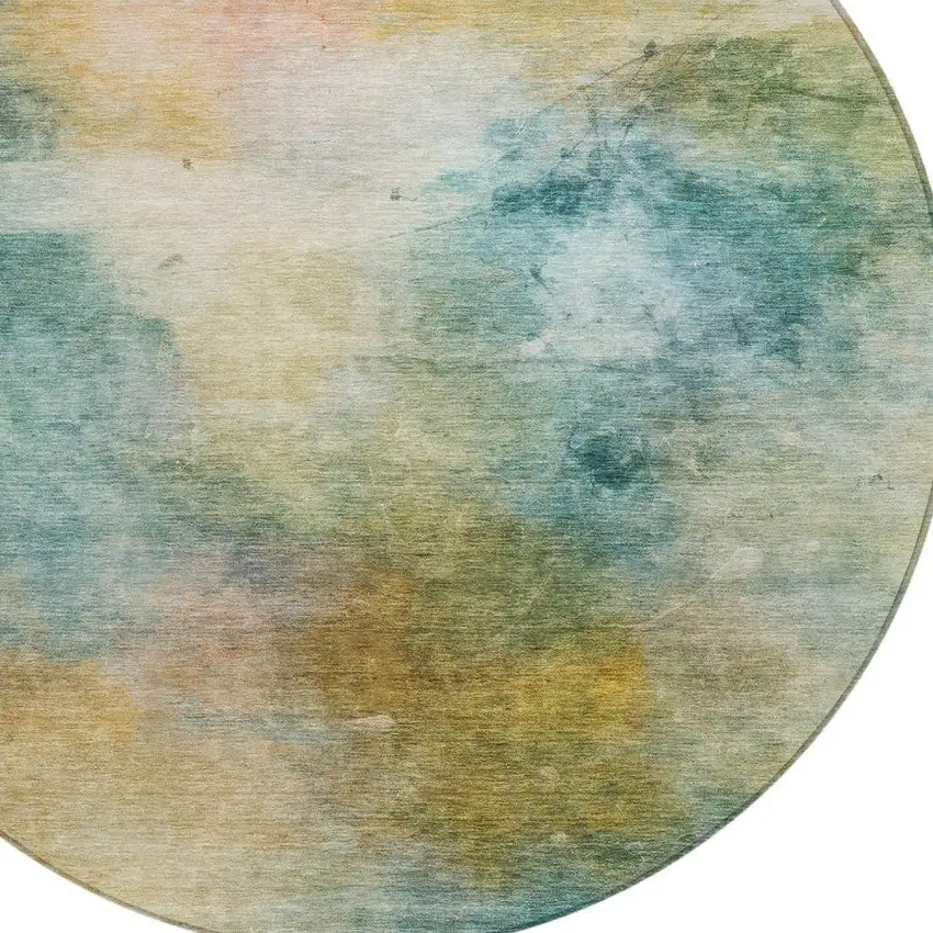 8' Teal Blue And Peach Round Abstract Washable Indoor Outdoor Area Rug Photo 4