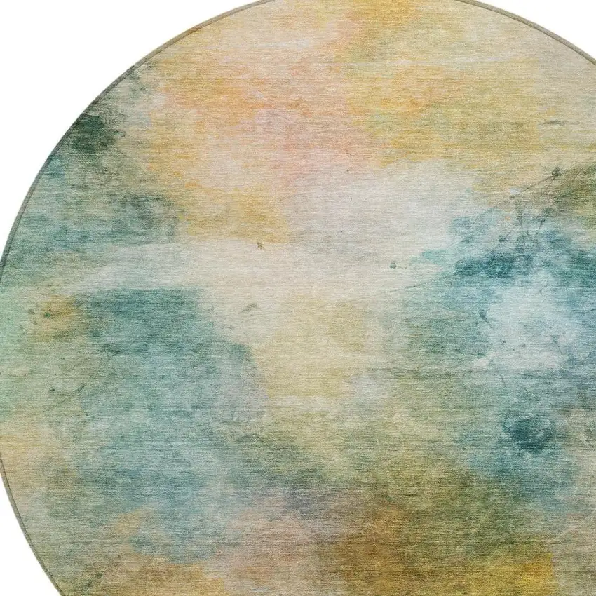 8' Teal Blue And Peach Round Abstract Washable Indoor Outdoor Area Rug Photo 7