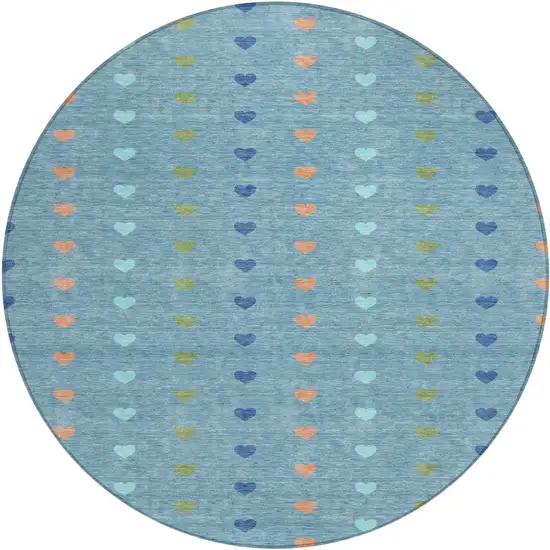 8' Teal Blue And Peach Round Geometric Washable Indoor Outdoor Area Rug Photo 1