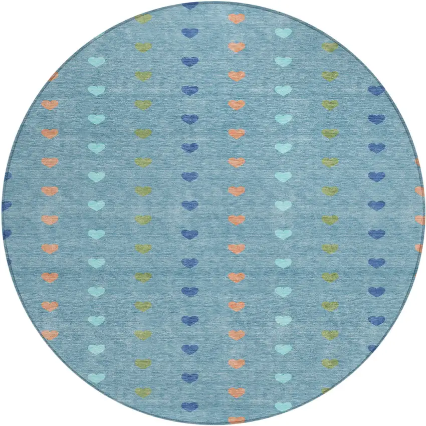 8' Teal Blue And Peach Round Geometric Washable Indoor Outdoor Area Rug Photo 1