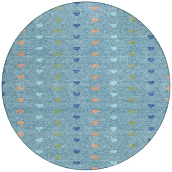 8' Teal Blue And Peach Round Geometric Washable Indoor Outdoor Area Rug Photo 3