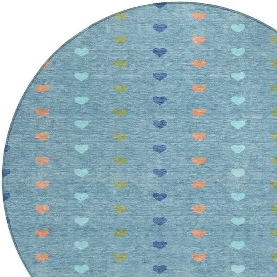 8' Teal Blue And Peach Round Geometric Washable Indoor Outdoor Area Rug Photo 2