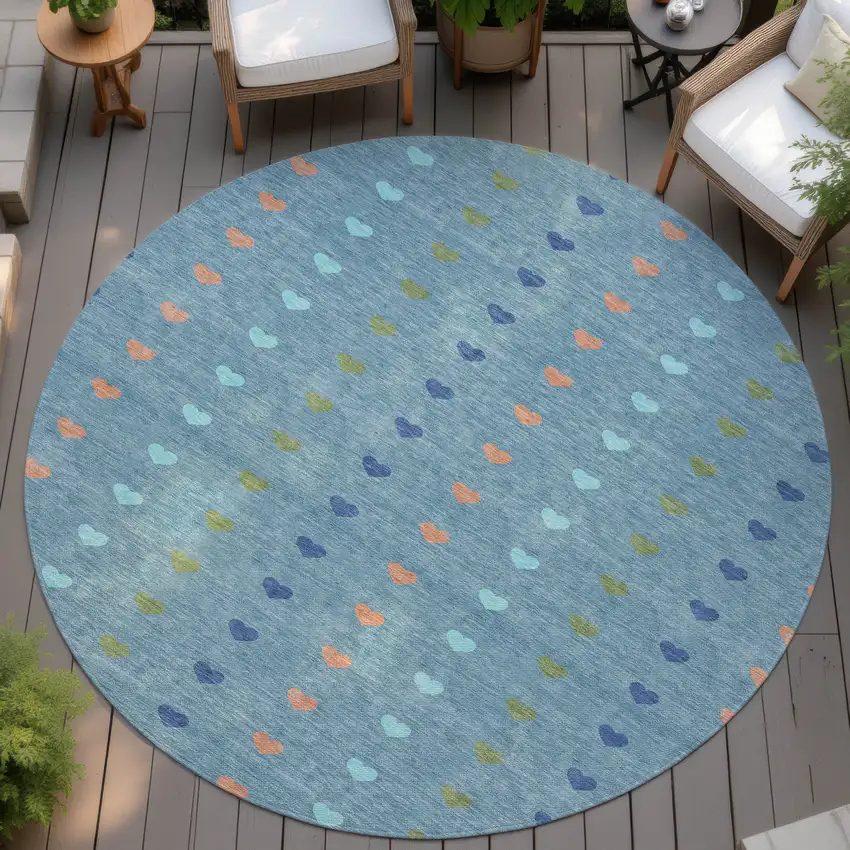 8' Teal Blue And Peach Round Geometric Washable Indoor Outdoor Area Rug Photo 4