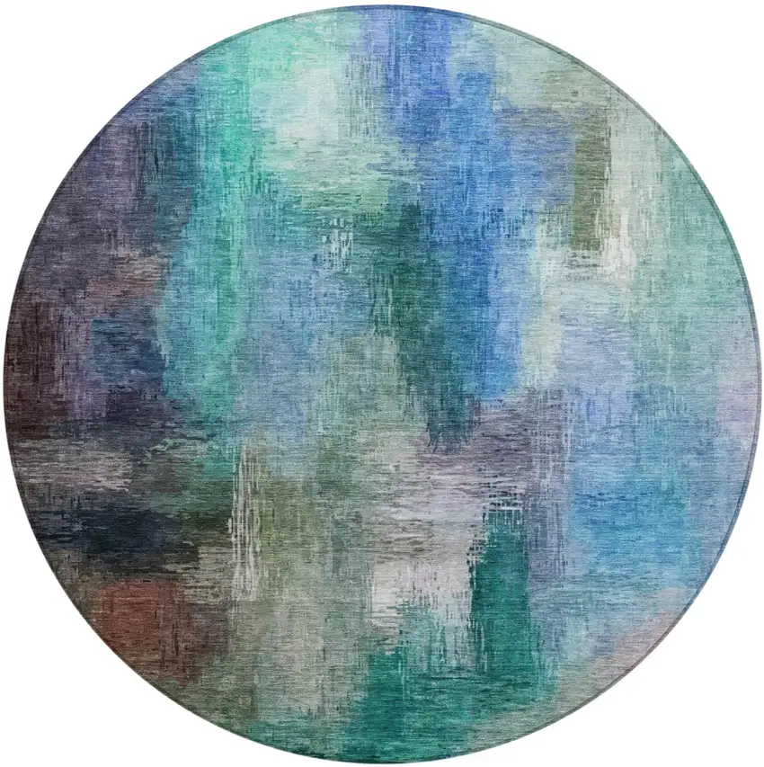 8' Teal Blue And Pewter Round Abstract Washable Indoor Outdoor Area Rug Photo 2
