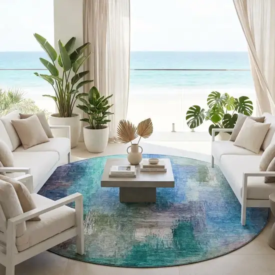 8' Teal Blue And Pewter Round Abstract Washable Indoor Outdoor Area Rug Photo 1