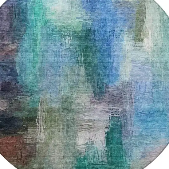 8' Teal Blue And Pewter Round Abstract Washable Indoor Outdoor Area Rug Photo 3