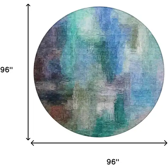 8' Teal Blue And Pewter Round Abstract Washable Indoor Outdoor Area Rug Photo 7