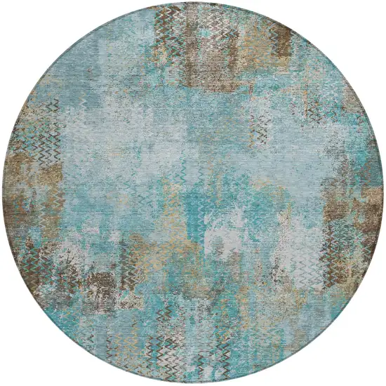 8' Teal Blue And Pewter Round Abstract Washable Indoor Outdoor Area Rug Photo 2