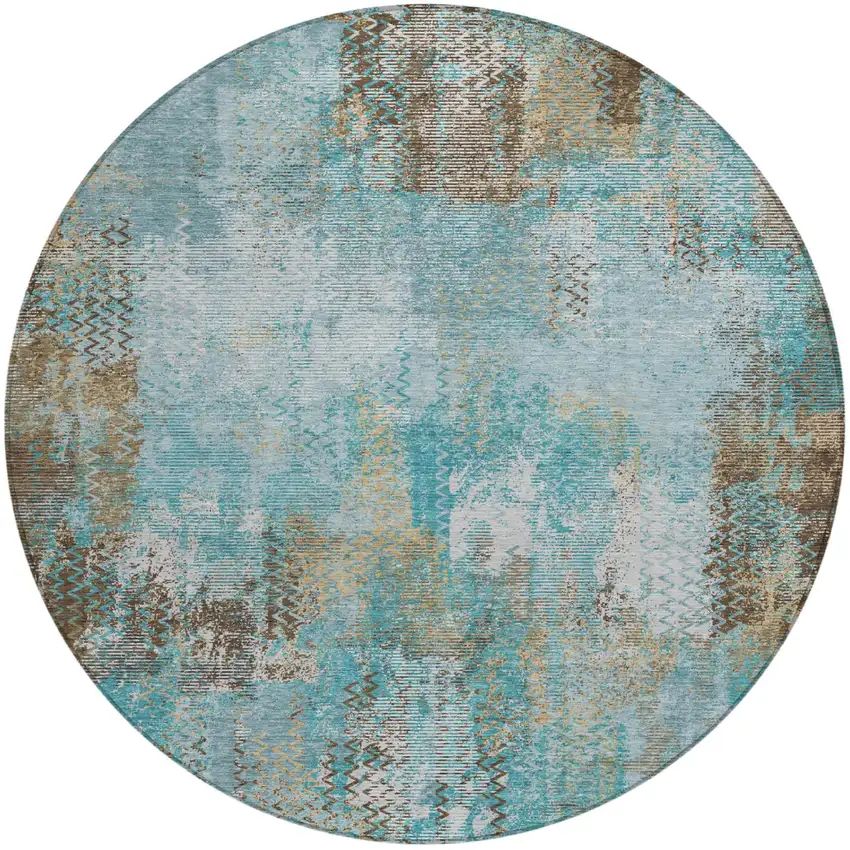 8' Teal Blue And Pewter Round Abstract Washable Indoor Outdoor Area Rug Photo 2
